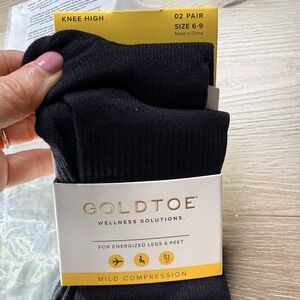 Gold Toe Black Knee High Mild Compression Socks Women's 6-9 Size NWT 2 Pair